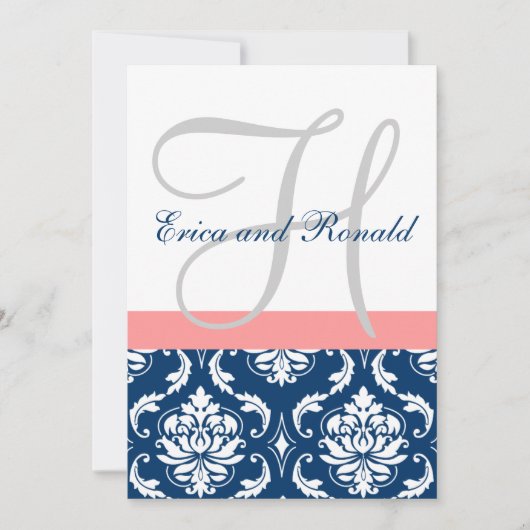 Navy Damask Coral Monogram Weddenschap Kaart (Voorkant)
