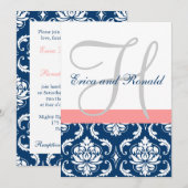 Navy Damask Coral Monogram Weddenschap Kaart (Voorkant / Achterkant)