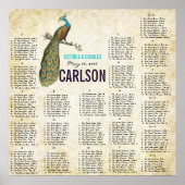 Navy Damask  Modern Peacock Seating Chart Poster (Voorkant)
