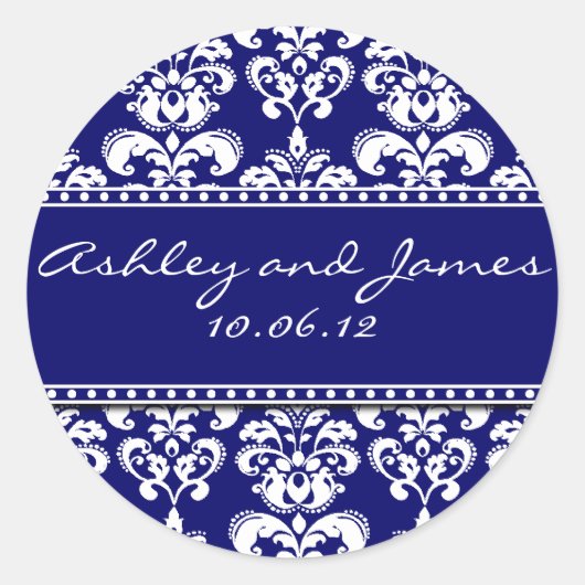 Navy Damask Namen en Datum Bruiloft Stickers (Voorkant)