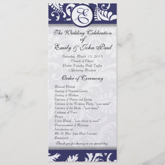 Navy Damask Swirls Trouwprogramma Programma (Voorkant)