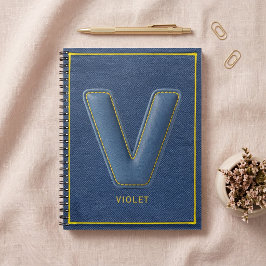 Navy Denim Gele Steek Nep Leer V Initiaal Notitieboek
