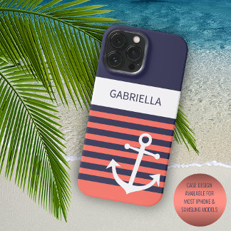 Navy Donkerblauw Wit Perzik Rood Sinaasappel Strep iPhone 15 Pro Max Hoesje