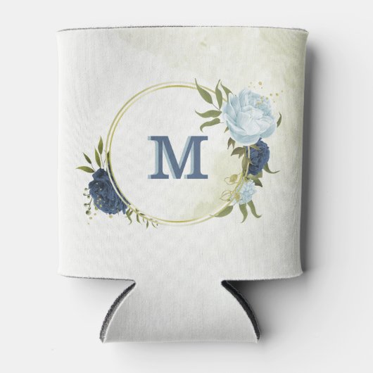 Navy Dusty Blauw Bloemen Groen Blikjeskoeler (Voorkant)