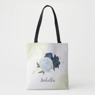 Navy Dusty Blauw Bloemen Groen Draagtas