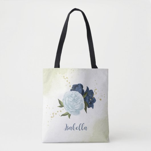 Navy Dusty Blauw Bloemen Groen Draagtas (Voorkant)