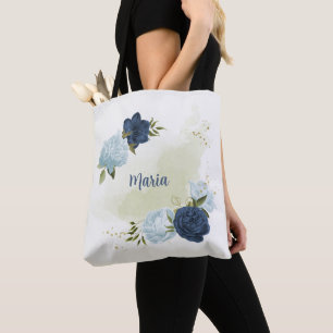 Navy Dusty Blauw Bloemen Groen Draagtas
