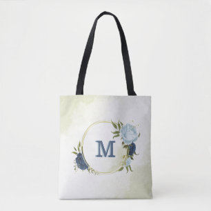 Navy Dusty Blauw Bloemen Groen Draagtas