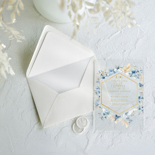 Navy Dusty Blauw Goud Bloemen Lente Bloei Bruiloft Acryl Uitnodigingen