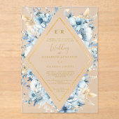 Navy Dusty Blauw Goud Bloemen Lente Bloei Bruiloft Acryl Uitnodigingen (Voorkant)
