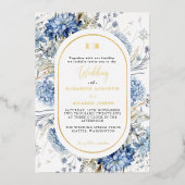 Navy Dusty Blauw Goud Bloemen Lente Bloei Bruiloft Folie Uitnodiging (Voorkant)