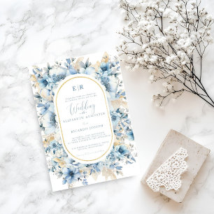 Navy Dusty Blauw Goud Bloemen Lente Bloei Bruiloft Kaart