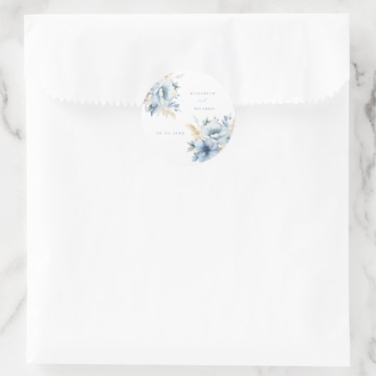 Navy Dusty Blauw Goud Bloemen Lente Bloei Bruiloft Ronde Sticker (Tas)
