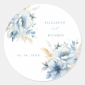 Navy Dusty Blauw Goud Bloemen Lente Bloei Bruiloft Ronde Sticker (Voorkant)
