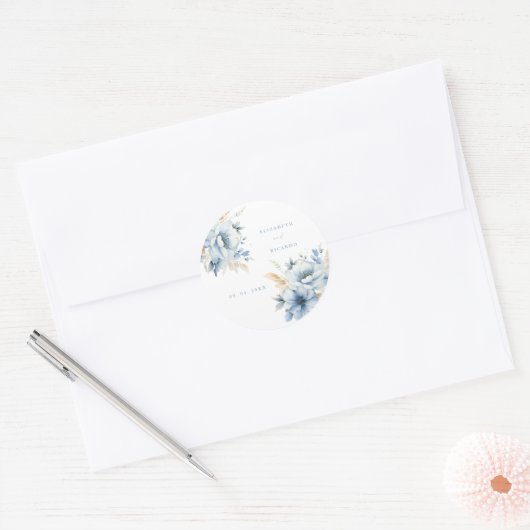 Navy Dusty Blauw Goud Bloemen Lente Bloei Bruiloft Ronde Sticker (Envelop)