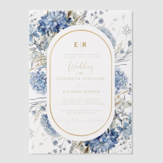Navy Dusty Blauw Goud Bloemen Lente Bloei Bruiloft Vellum Uitnodigingen (Voorkant)