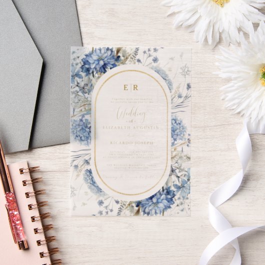 Navy Dusty Blauw Goud Bloemen Lente Bloei Bruiloft Vellum Uitnodigingen (Huwelijk)