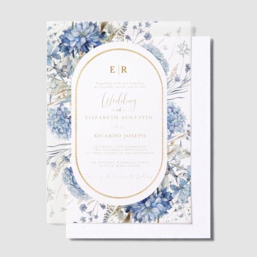 Navy Dusty Blauw Goud Bloemen Lente Bloei Bruiloft Vellum Uitnodigingen (Offset)