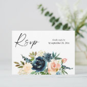 Navy & Dusty Blauw Roze Bloemen 2met Maaltijd RSVP (Staand voorkant)