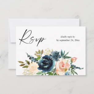 Navy & Dusty Blauw Roze Bloemen 2met Maaltijd RSVP Kaartje