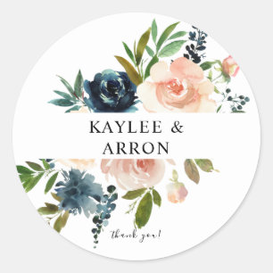 Navy & Dusty Blauw Roze Bloemen Dank u 2 Ronde Sticker