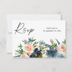 Navy & Dusty Blauw Roze Bloemen met Maaltijd RSVP 