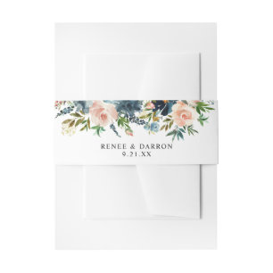 Navy & Dusty Blauw Roze Blush Bloemen 2 Uitnodigingen Wikkel