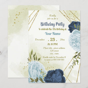 Navy Dusty Blauwe Bloemen Groene bladeren Verjaard Kaart