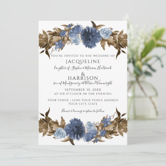 Navy Dusty Blue Bloemen Herfst Sepia Groen Bruilof Kaart (Staand voorkant)