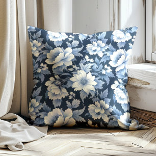 Navy Dusty Blue  Bloemen Kussen