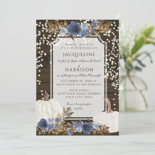 Navy Dusty Blue Bloemen Rustieke Twinkle Licht Bru Kaart (Staand voorkant)