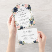Navy Dusty Blue Blush Geometric Wedding All In One Uitnodiging (Afscheurbaar)