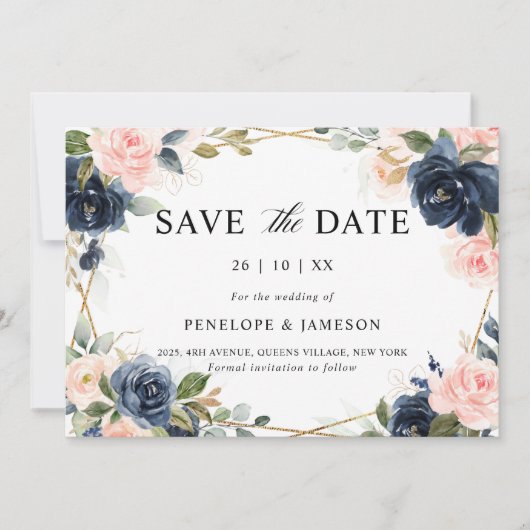 Navy Dusty Blue Blush Geometric Wedding Save The Date (Voorkant)