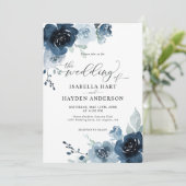 Navy Dusty Blue Dark Slate Floral Pastel Wedding Kaart (Staand voorkant)