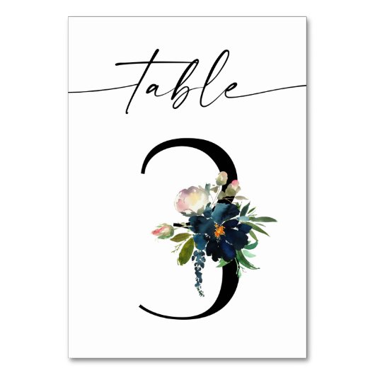 Navy, Dusty Blue en Roze Floral Table Number 3 Kaart (Voorkant)