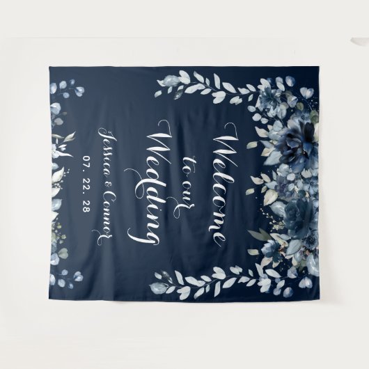 Navy Dusty Blue Eucalyptus Welkom op onze bruiloft Wandkleed (Voorkant (horizontaal))