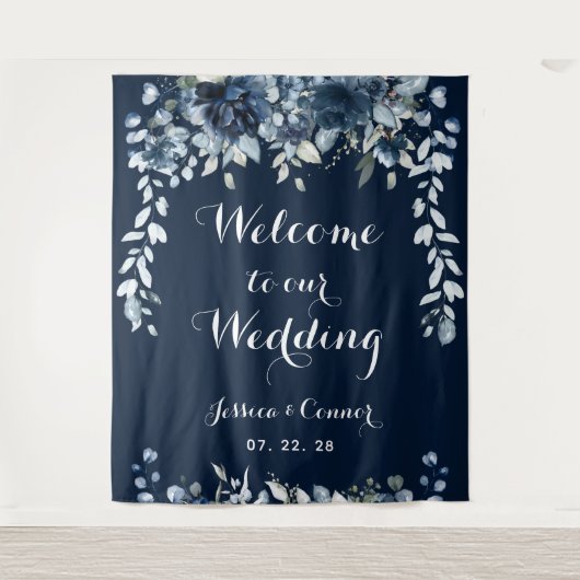 Navy Dusty Blue Eucalyptus Welkom op onze bruiloft Wandkleed (Voorkant)