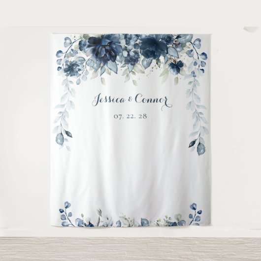 Navy Dusty Blue Floral Eucalyptus Greenery Wedding Wandkleed (Voorkant)
