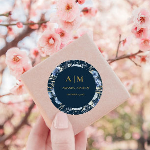 Navy Dusty Blue Floral Spring Bloom Bruiloft Ronde Sticker