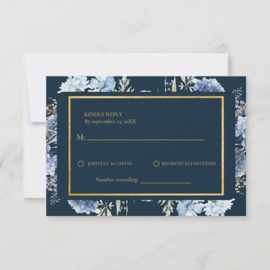 Navy Dusty Blue Floral Spring Bloom Bruiloft RSVP (Voorkant)