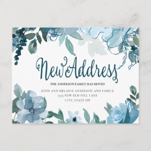 Navy Dusty Blue Flowers Cute Change Address Briefkaart