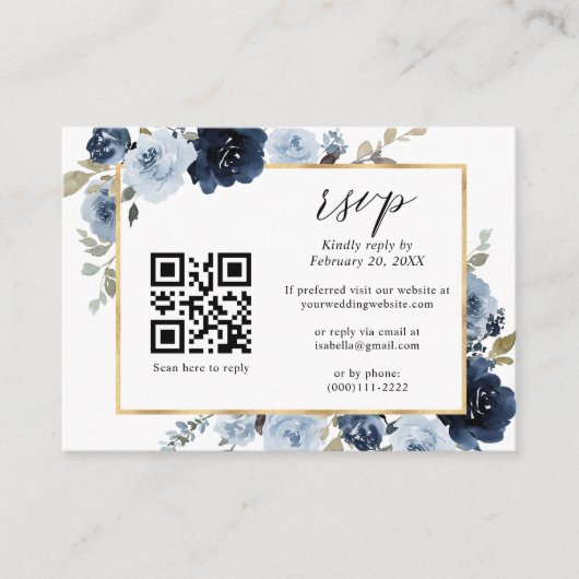 Navy Dusty Blue Gold Floral QR Code Weddenschap RS Informatiekaartje (Voorkant)