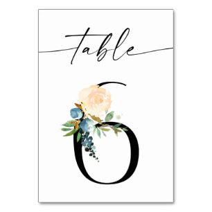 Navy, Dusty Blue & Roze Floral Table Number 6 Kaart
