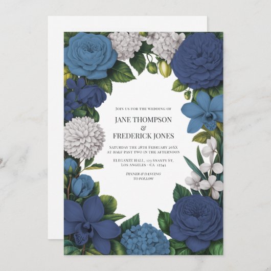 Navy, Dusty Blue & Silver Floral Wedding Kaart (Voorkant / Achterkant)