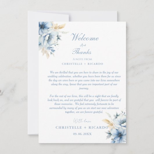 Navy Dusty Blue Welkom & dank u Wedding note (Voorkant)