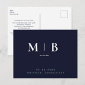Navy Eenvoudig Hedendaags Monogram Save the Date Briefkaart (Voorkant / Achterkant)