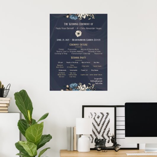 Navy Elegant Bloemen Trouwprogramma Poster (Thuiskantoor)
