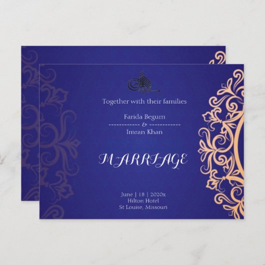 Navy Elegant Blue Muslim wedding Invitation  (Devant / Derrière)