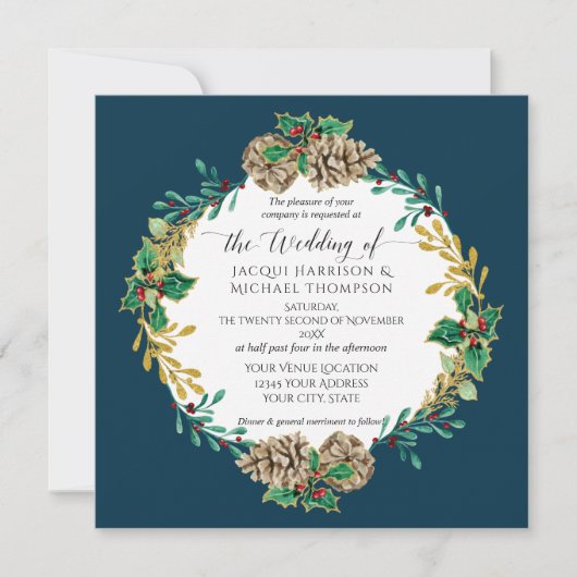 Navy Elegant Christmas Waterverf Gold Greenery Kaart (Voorkant)