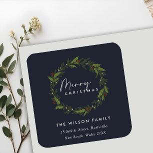 NAVY ELEGANT HOLLY BERRY WREATH CHRISTMAS ADRES VIERKANTE STICKER